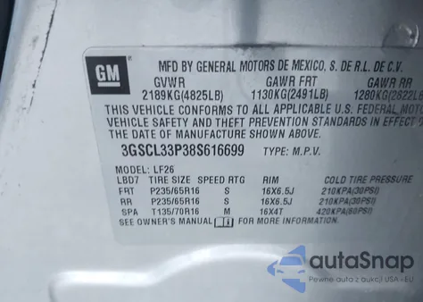 2008 Saturn Vue 4-Cyl Xe z USA, uszkodzony, nr VIN 3GSCL33P38S616699